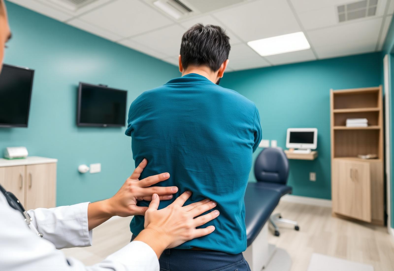 Physician examining a patient's lower back in an exam room