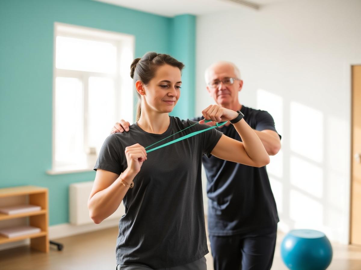 Physical therapist guiding a patient through rehabilitation exercises